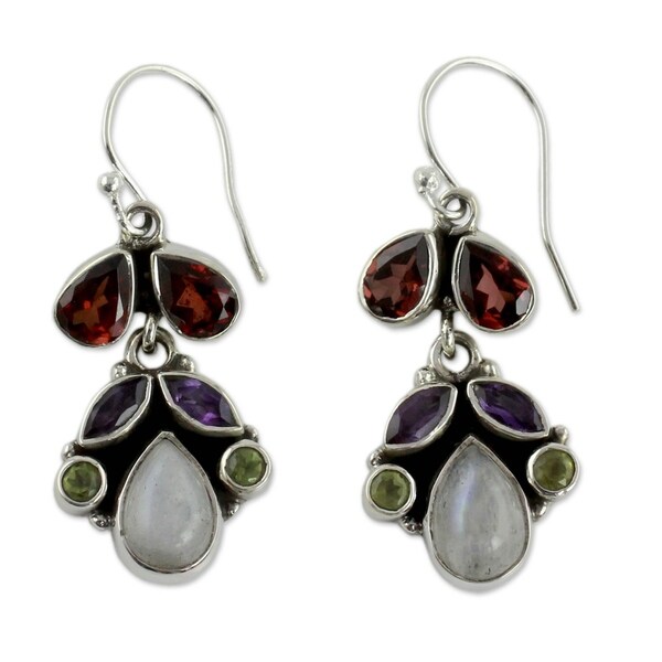 Handmade Sterling Silver 'Indian Rainbow' Multi-gemstone Earrings (India)