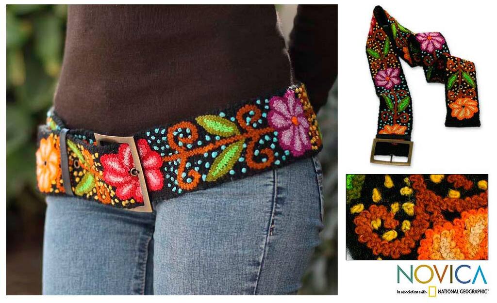 Handmade Black Night Bouquet Women's Fashion Handmade Black Red Green Orange Purple Yellow Wool Leather Trim Belt (Peru)