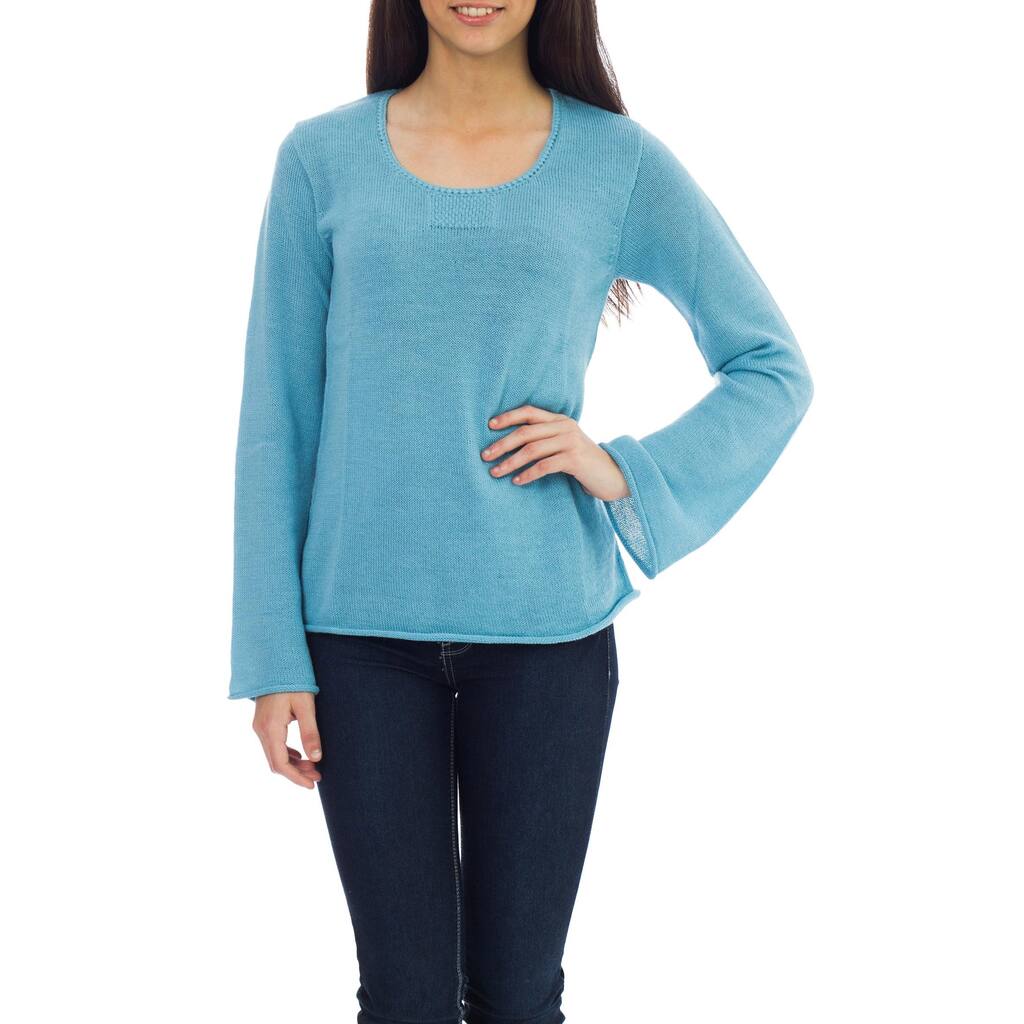 Sky Blue Charisma Artisan Handmade Fashion Women's Clothing Natural Fiber Alpaca Wool Bell Sleeve Rolled Hem Sweater (Peru)