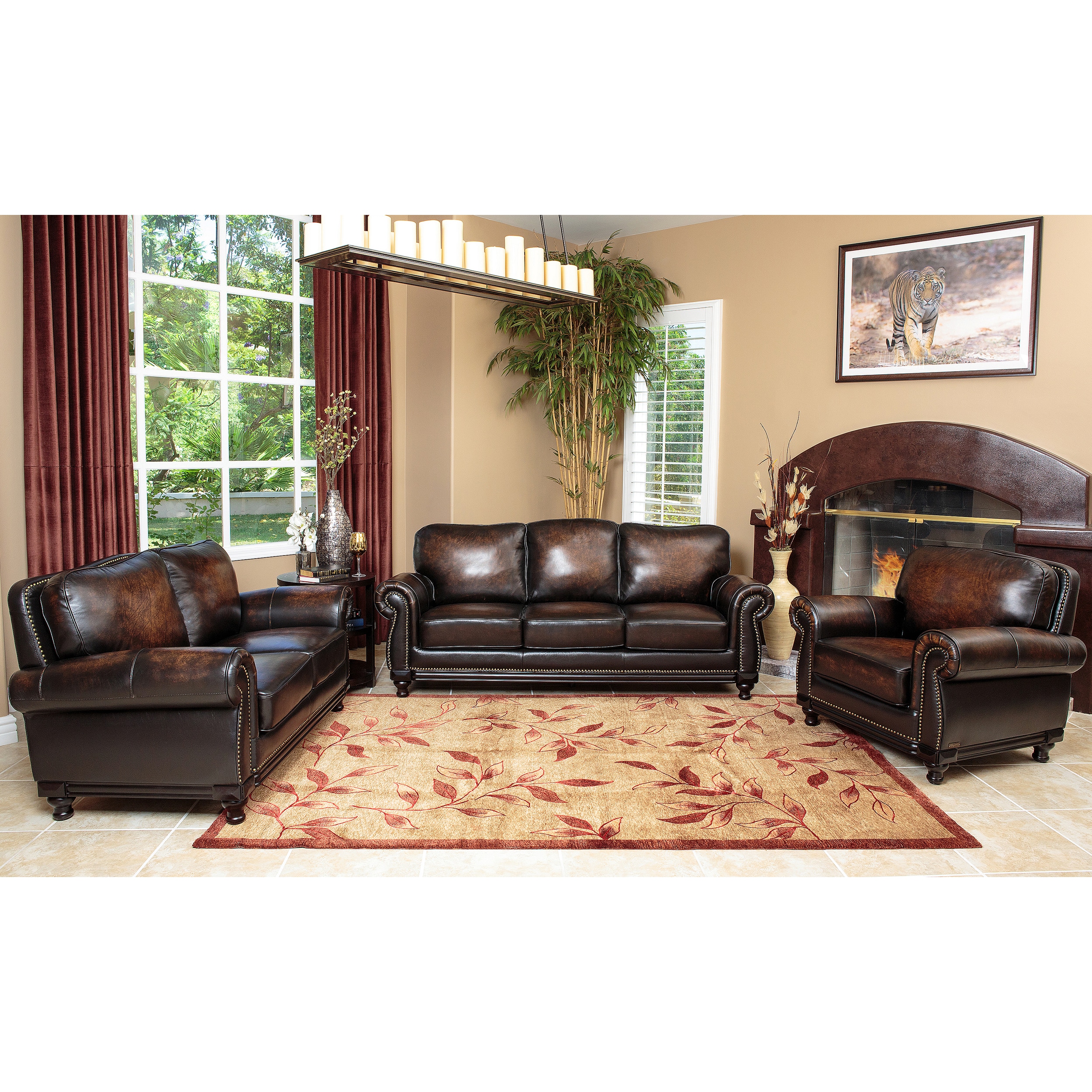 Abbyson Living Palermo Woodtrim Hand rubbed Leather Sofa, Loveseat, And Armchair