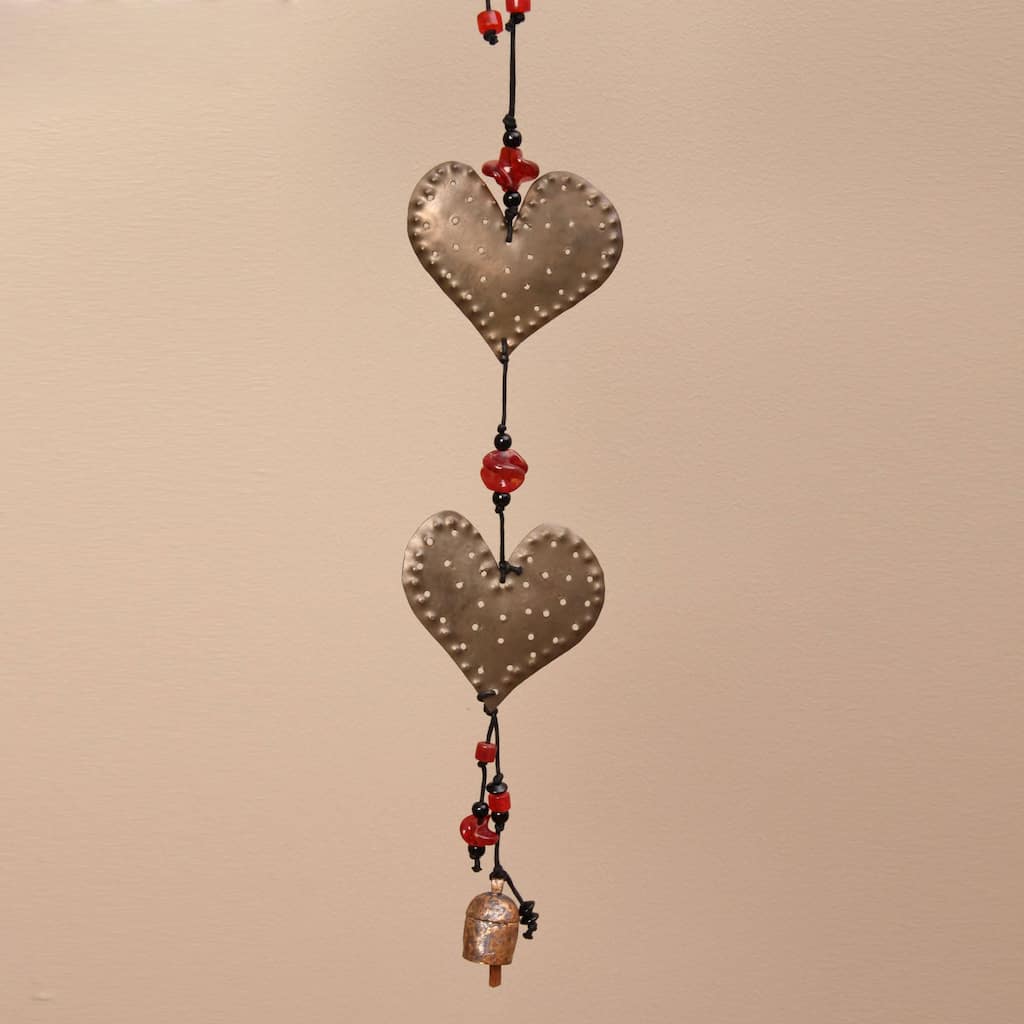 Handmade Iron and Glass Double Dotted Hearts Hanging Art (India)