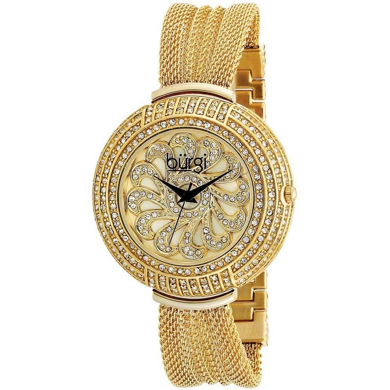 Burgi Women's Crystal Mesh Classic Gold-Tone Bracelet Quartz Watch