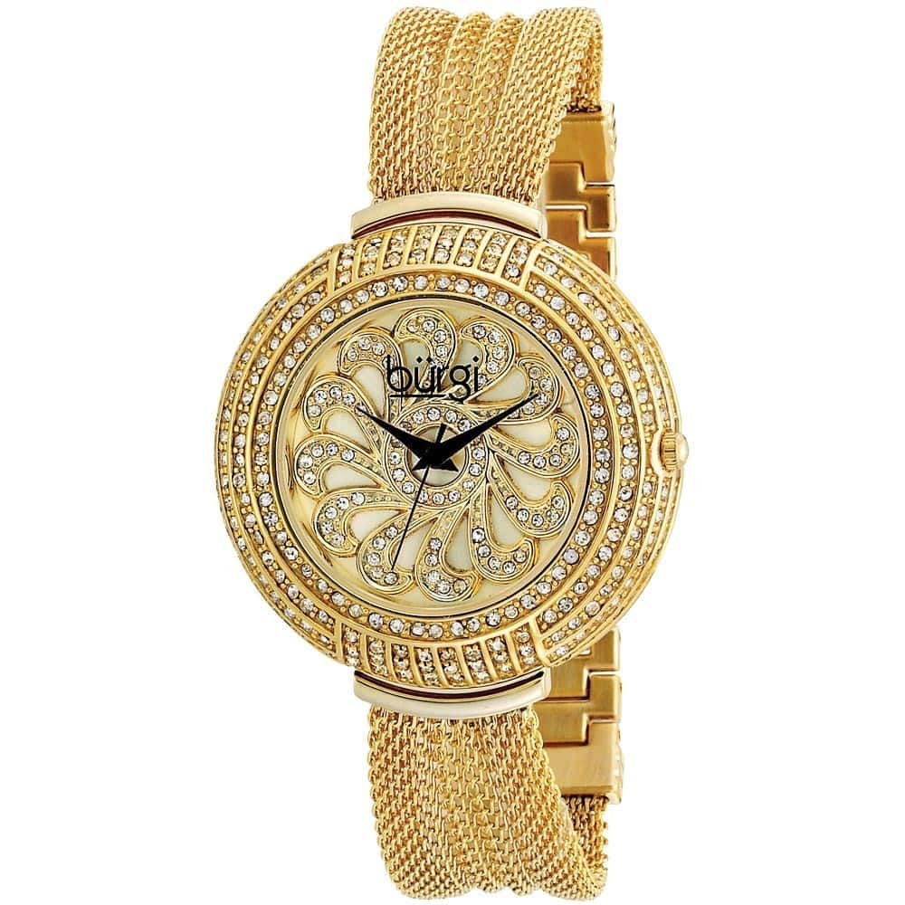Burgi Women's Crystal Mesh Classic Gold-Tone Bracelet Quartz Watch