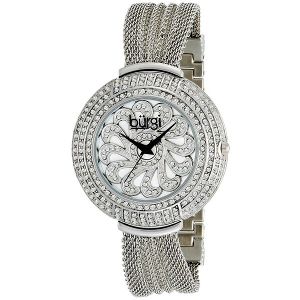 Burgi Women's Water-resistant Crystal Mesh-Silver-Tone Bracelet Quartz Watch