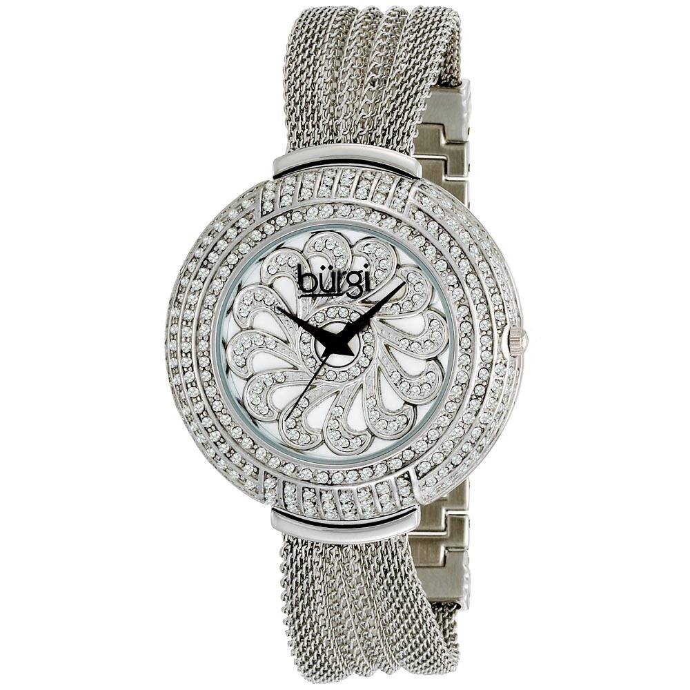 Burgi Women's Water-resistant Crystal Mesh-Silver-Tone Bracelet Quartz Watch