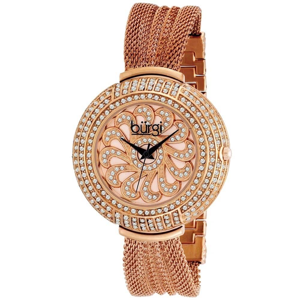 Burgi Women's Crystal Traditional Mesh Rose-Tone Bracelet Quartz Watch