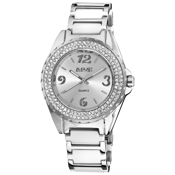 August Steiner Women's Quartz Crystal Ceramic Link-Style White Bracelet Watch