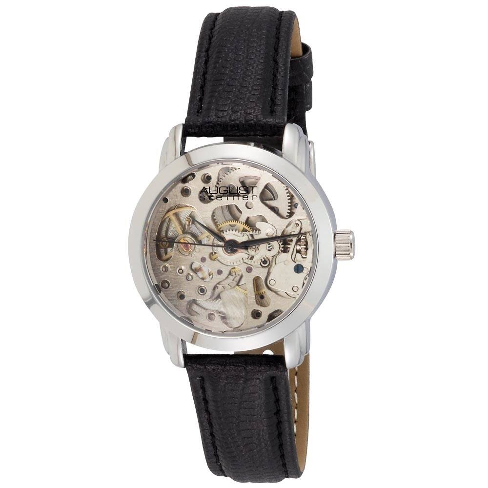 August Steiner Women's Skeleton Automatic Black Leather-Silver-Tone Strap Watch
