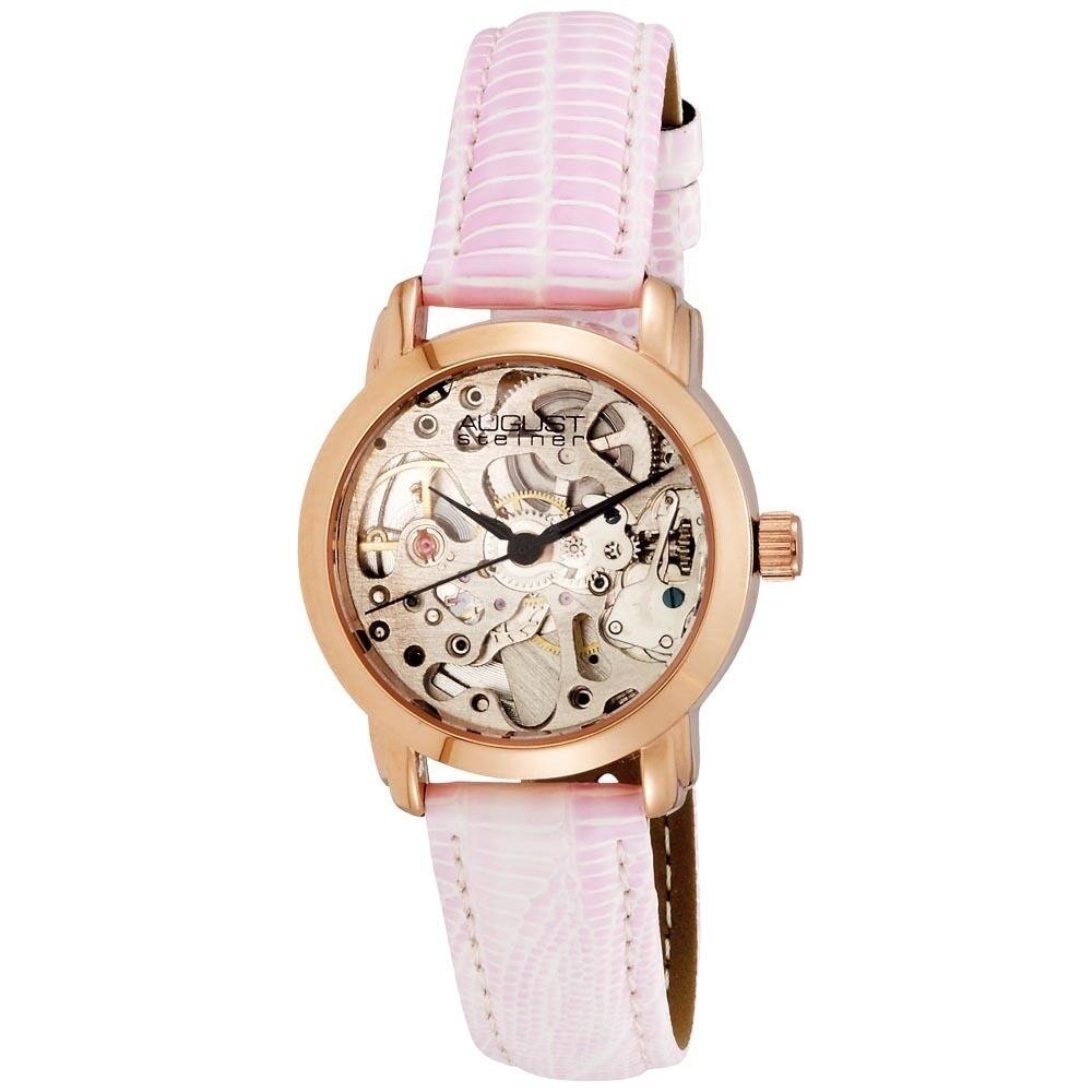 August Steiner Women's Skeleton Automatic Rose-Tone Strap Watch