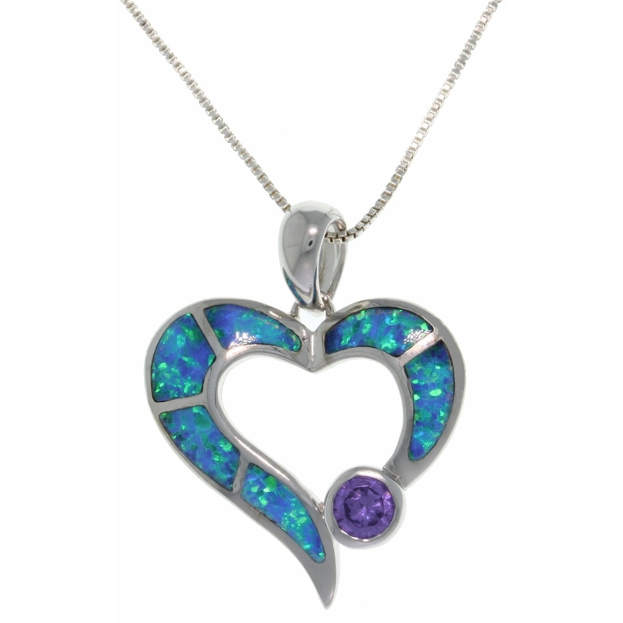 Lab Created Heart Blue Heart Opal with CZ .925 Sterling Silver Pendant