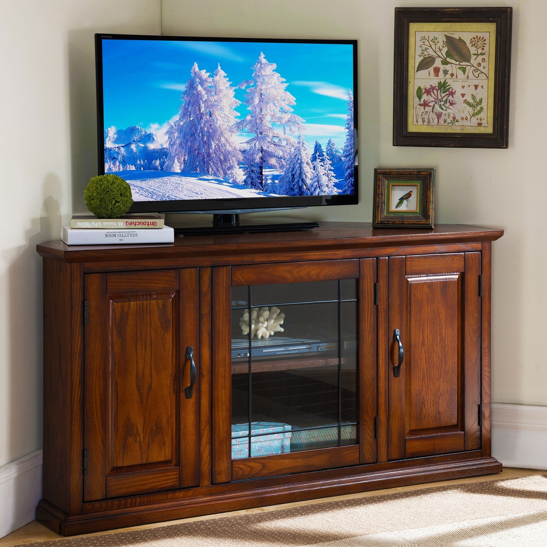 Leick Home Leaded Glass Three Door Corner TV Stand with Enclosed Storage - 47 inches in width