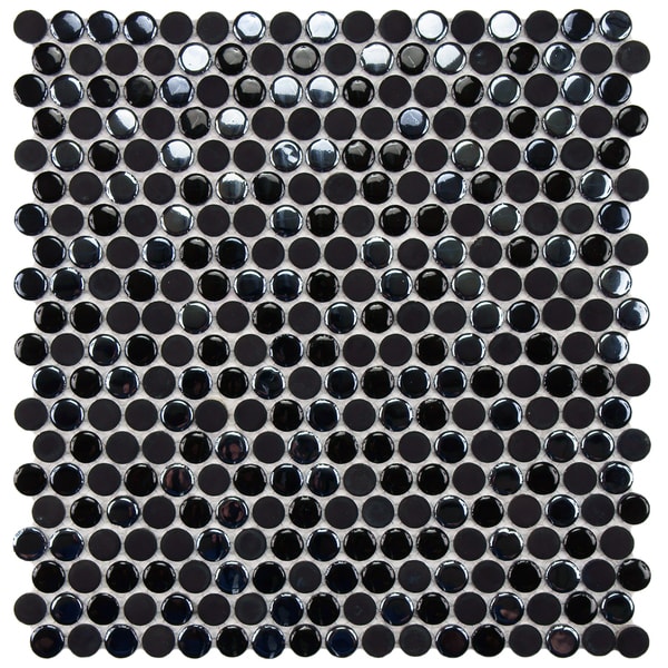 SomerTile 11.25x12 inch Posh Penny Round Black Porcelain Mosaic Wall