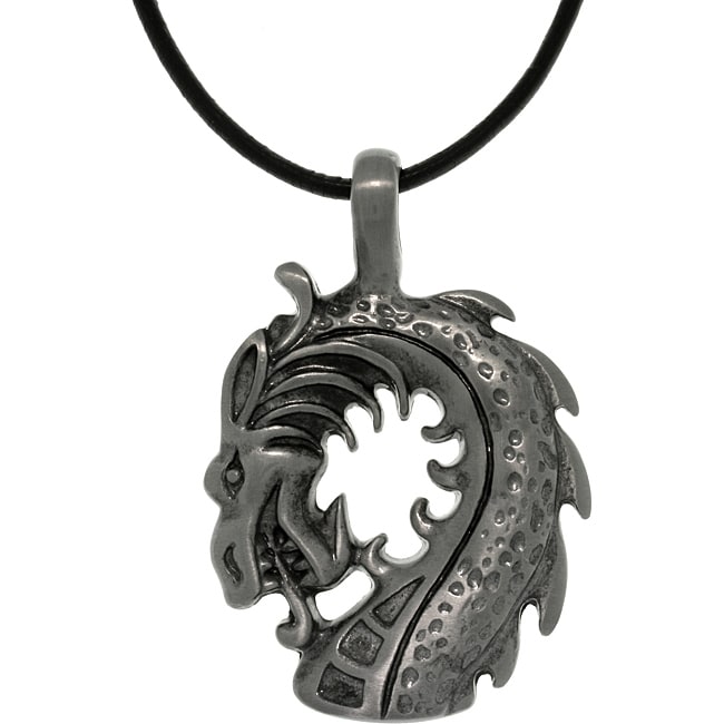 Carolina Glamour Collection Pewter Unisex Dragon Head Black Leather Cord Necklace