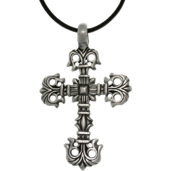 Shop Pewter Unisex Bottony Cross Black Leather Cord Necklace Free