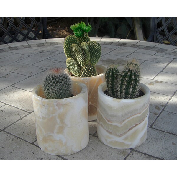 Shop Set of 3 Alabaster Planting Pots Planter (Egypt) Free Shipping