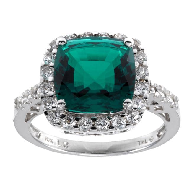 10k White Gold Lab created Emerald and White Sapphire Ring