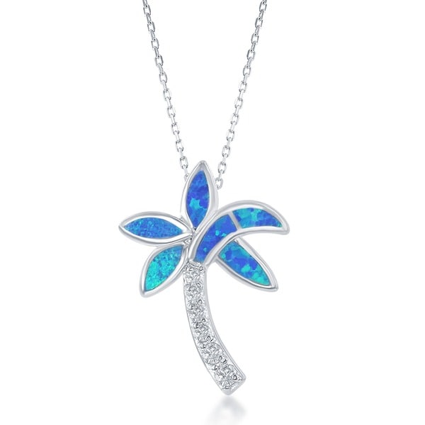 La Preciosa Sterling Silver Created Blue Opal and CZ Palm Tree Necklace