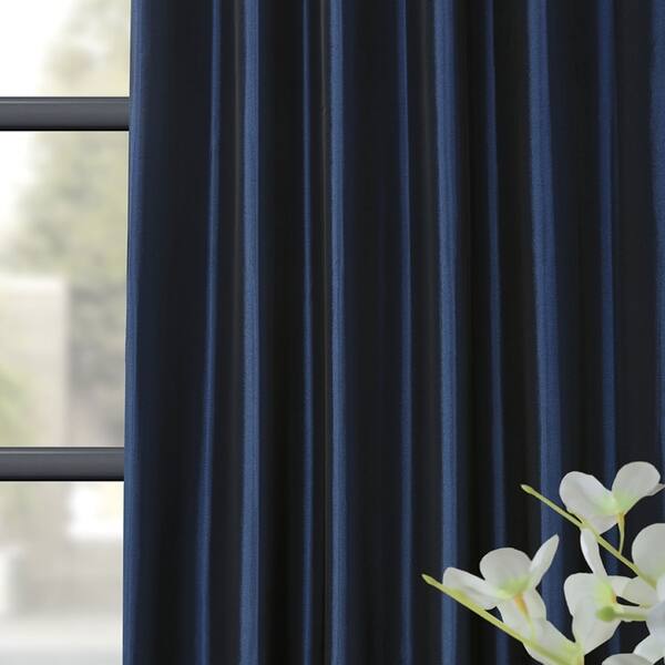 Shop Exclusive Fabrics Solid Faux Silk Taffeta Navy Blue Curtain