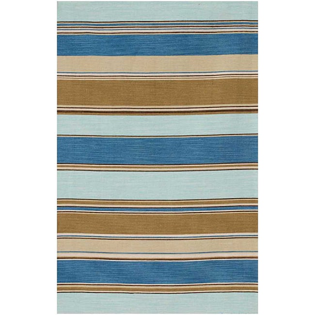 Flat Weave Striped Blue Wool Rug (9 X 12)