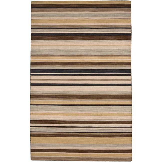 Flat Weave Green/ Ivory Striped Wool Rug (10 X 14)