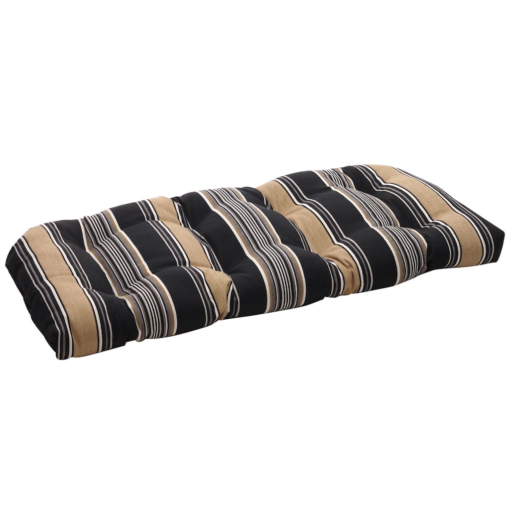 Pillow Perfect Black/ Tan Striped Tufted Outdoor Wicker Loveseat Cushion