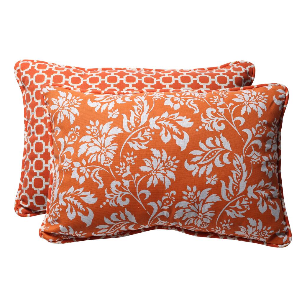 Decorative Orange and White Geometric and Floral Reversible Rectangle Outdoor Toss Pillows (Set of 2)
