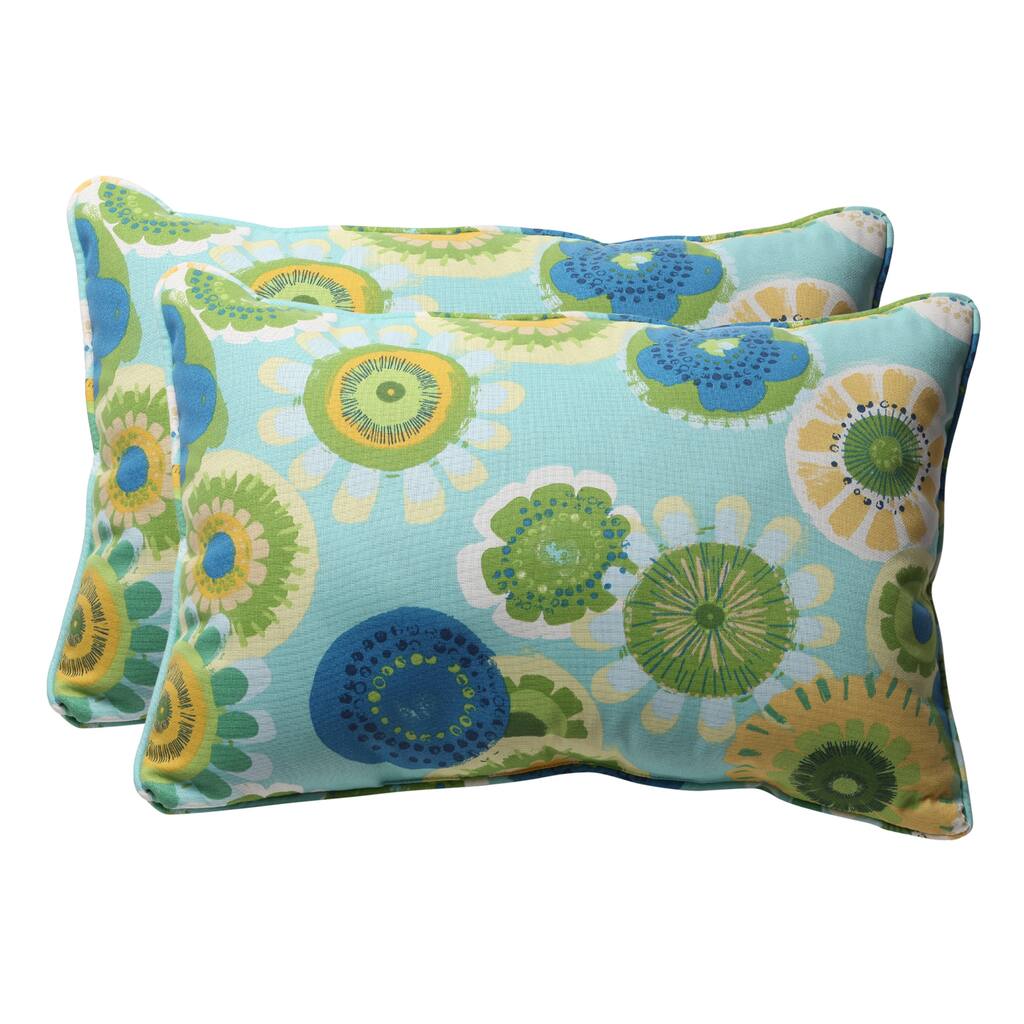 Decorative Blue and Green Floral Rectangle Outdoor Toss Pillows (Set of 2)