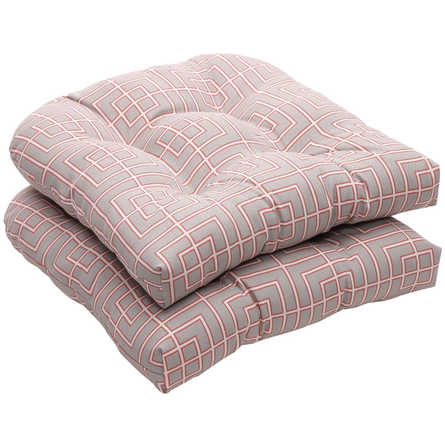 Outdoor Grey And Coral Geometric Wicker Seat Cushions (set Of 2) (Grey, coralMaterials 100 percent polyesterFill 100 percent virgin polyester fiber fillClosure Sewn seam Weather resistantUV protectionCare instructions Spot clean onlyDimensions 19 inc