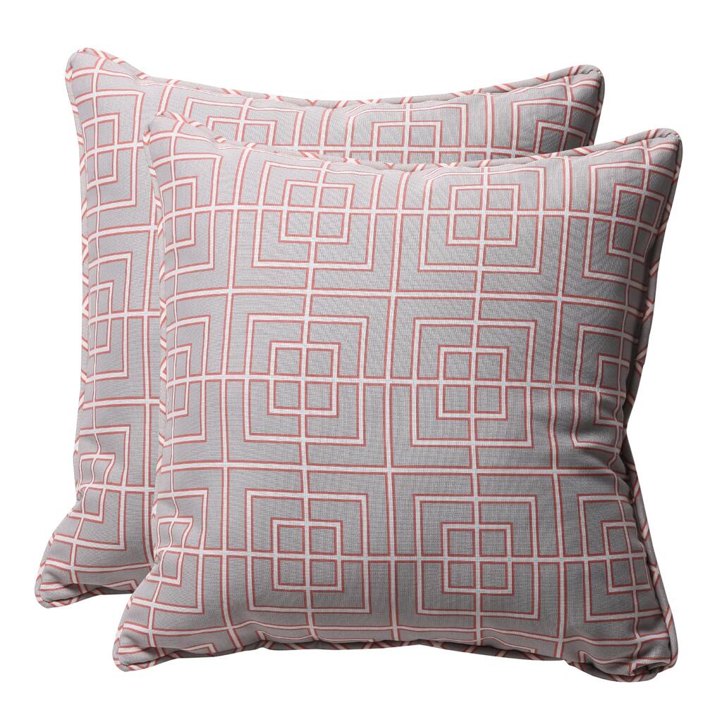 Decorative Grey/ Coral Geometric Square Outdoor Toss Pillows (Set of 2)