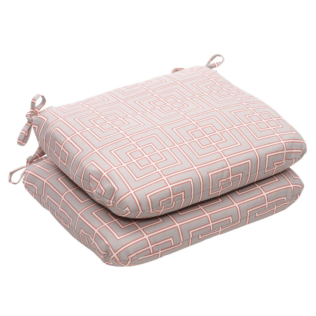Outdoor Grey and Coral Geometric Rounded Seat Cushion (Set of 2)