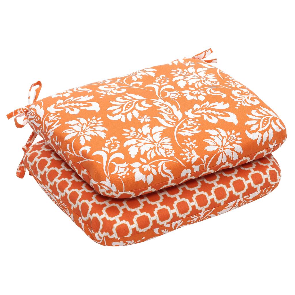 Outdoor Orange and White Floral Rounded Reversible Seat Cushion (Set of 2)