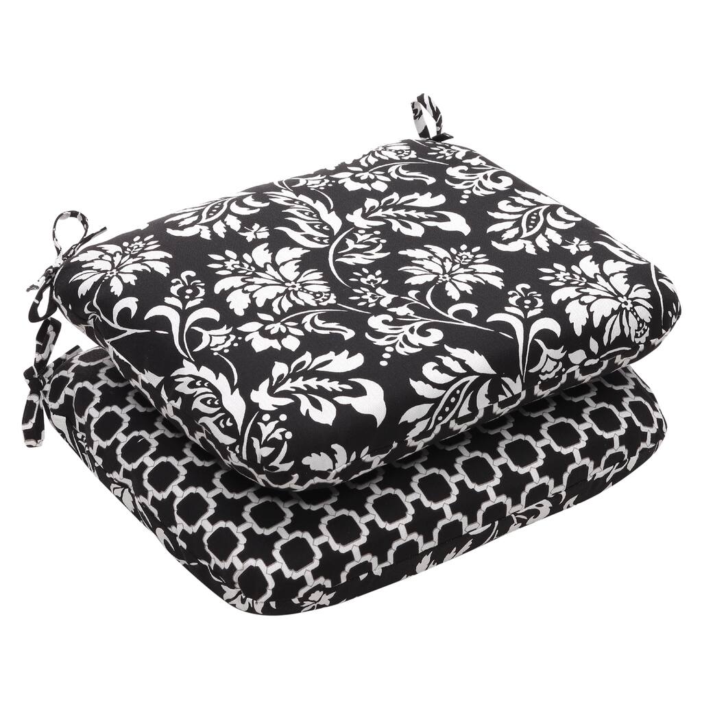 Outdoor Black and White Floral Rounded Reversible Seat Cushion (Set of 2)