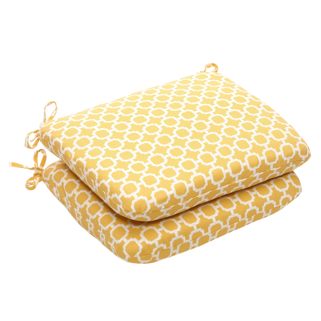 Outdoor Yellow and White Geometric Rounded Seat Cushion (Set of 2)