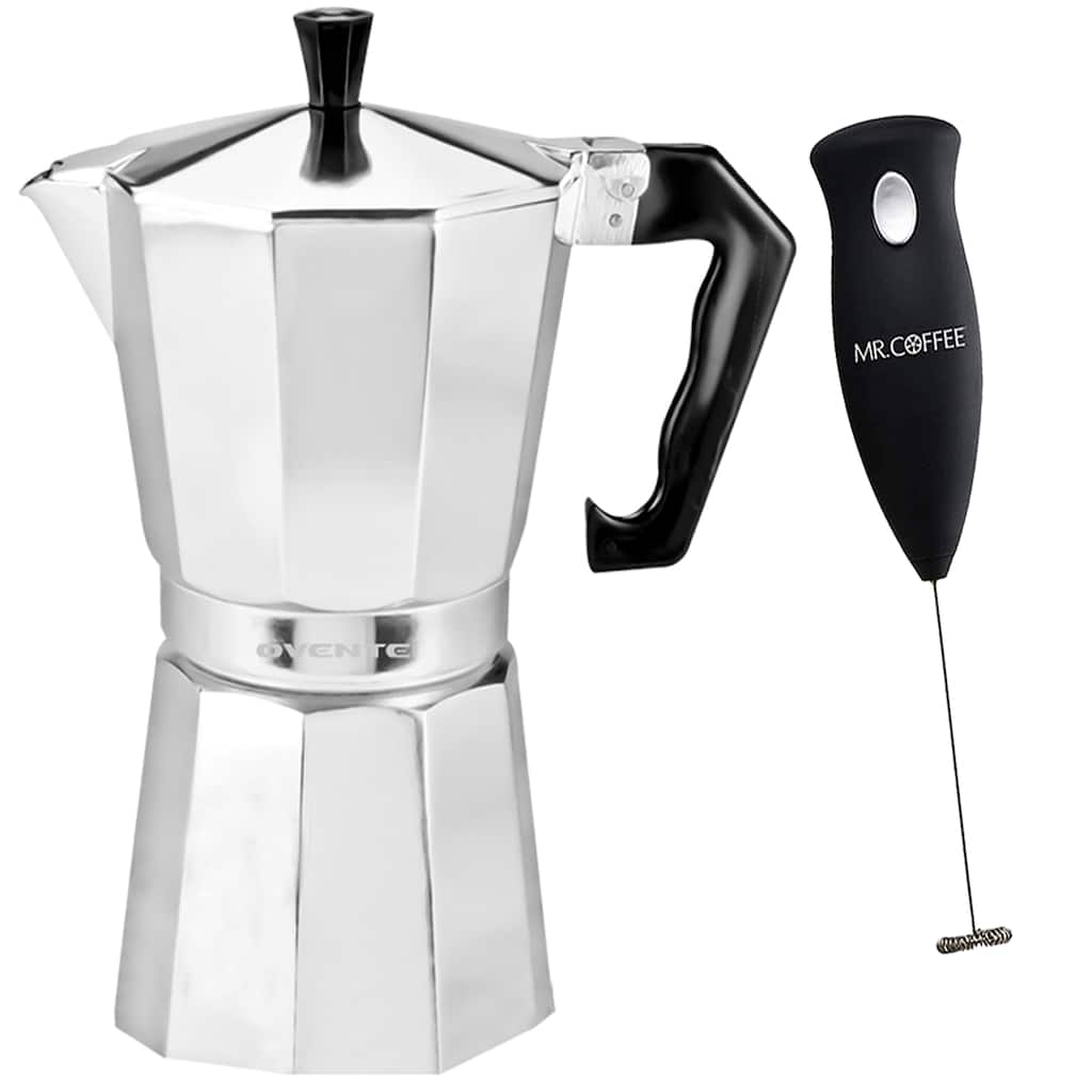 Ovente 12-cup Polished Aluminum Stove-top Espresso Maker with Mr. Coffee Milk Frother