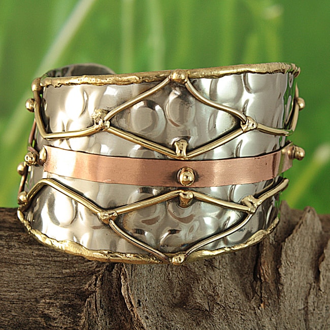 Handcrafted Brass and Copper Mesh Asymmetric Cuff Bracelet (India)