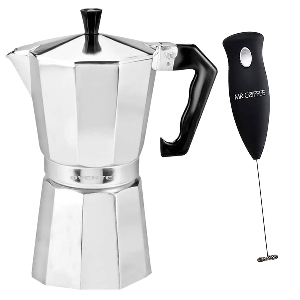 Ovente 9-cup Polished Aluminum Stove-top Espresso Maker with Mr. Coffee Milk Frother.