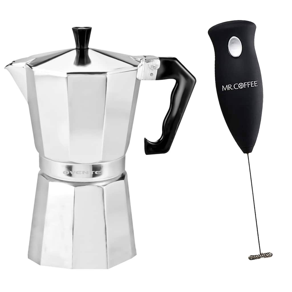 Ovente 3-cup Polished Aluminum Stove-top Espresso Maker with Mr. Coffee Milk Frother