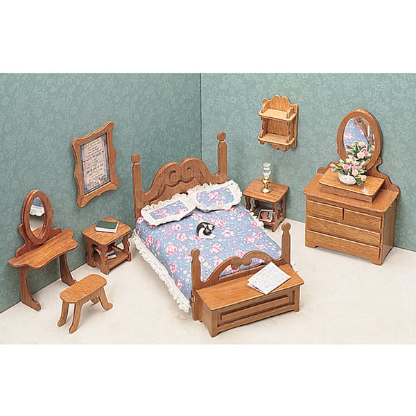 Brown Unfinished Wood Nine Piece Dollhouse Bedroom Furniture Kit