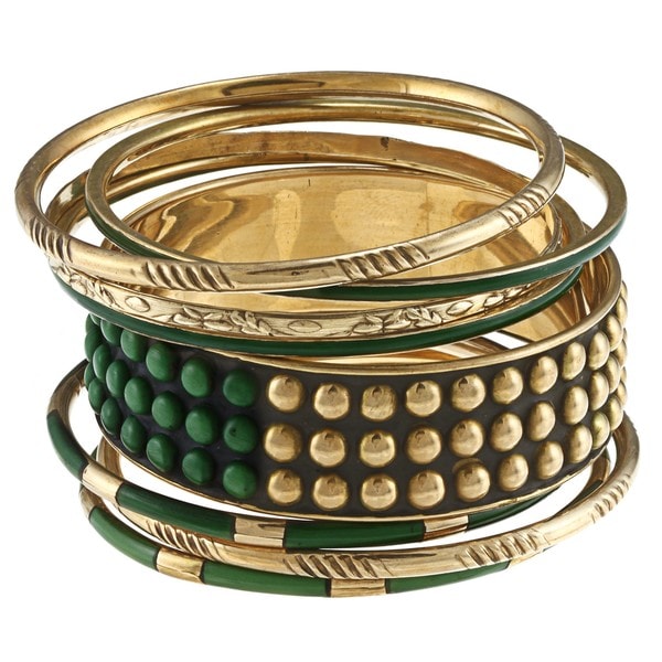 Ayala Gold and Earth Green Stones Bangle Bracelet (India) Bracelets