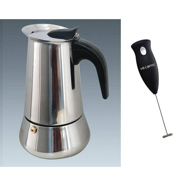 Ovente 6-cup Stainless Steel Stove-top Espresso with Maker with Mr. Coffee Milk Frother