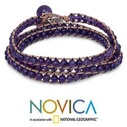 Leather 'Fortune's Wisdom' Amethyst Pearl Bracelet (6.5 mm) (Thailand) Novica Bracelets