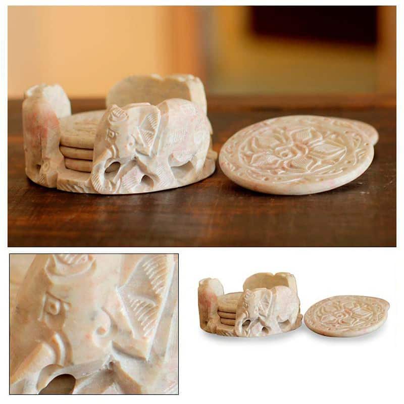 NOVICA Artisan Handblown Marble Coasters Elephant Barware Beige Animal Themed 'Elephant Rose'(Set of 6) - 3.9