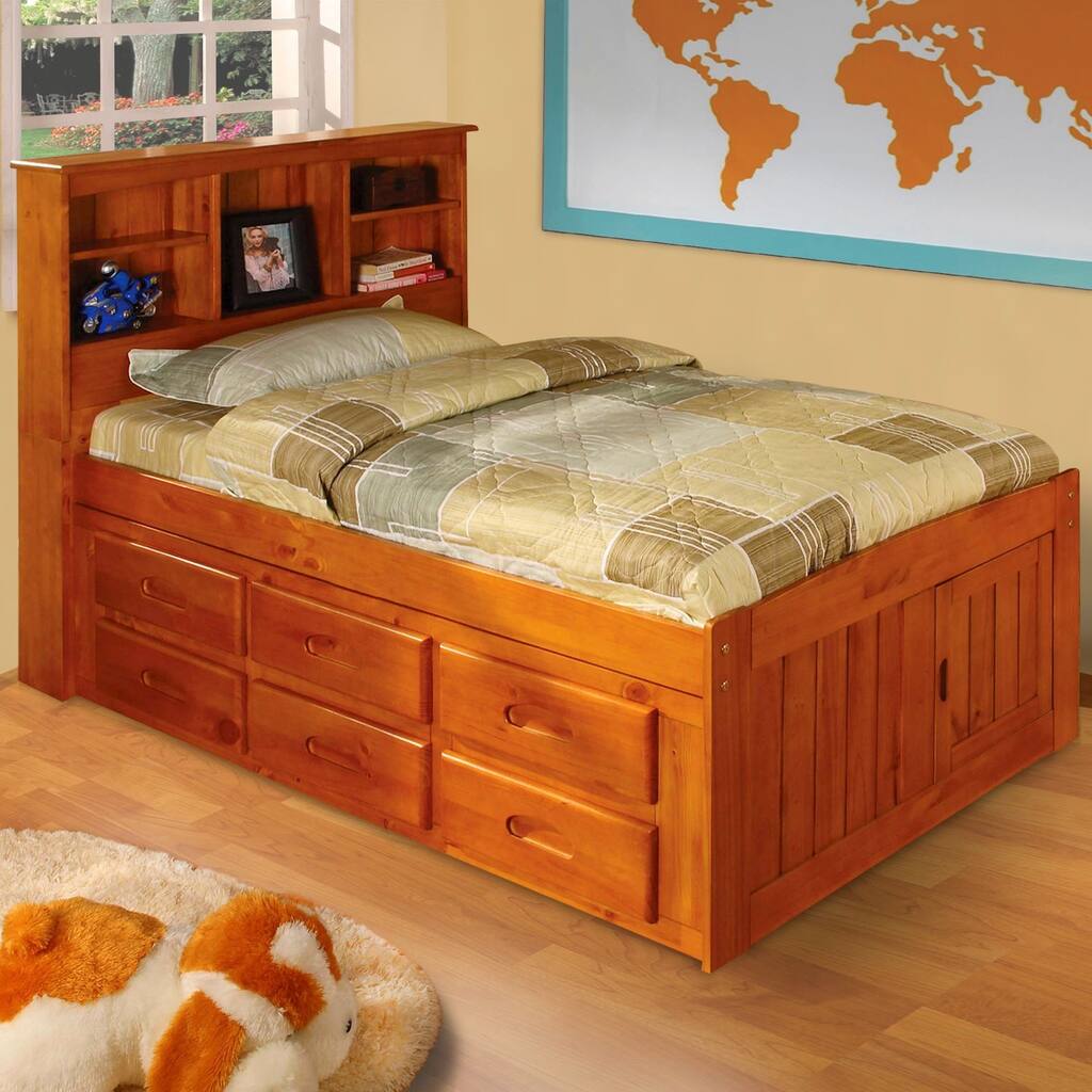 Honey-finished Wood/Metal 6-drawer Twin-size Bed with Bookcase