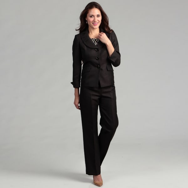 Le Suit Women's 3 button Melange Pleated Collar Jacket and Pant Suit Le Suit Pant Suits