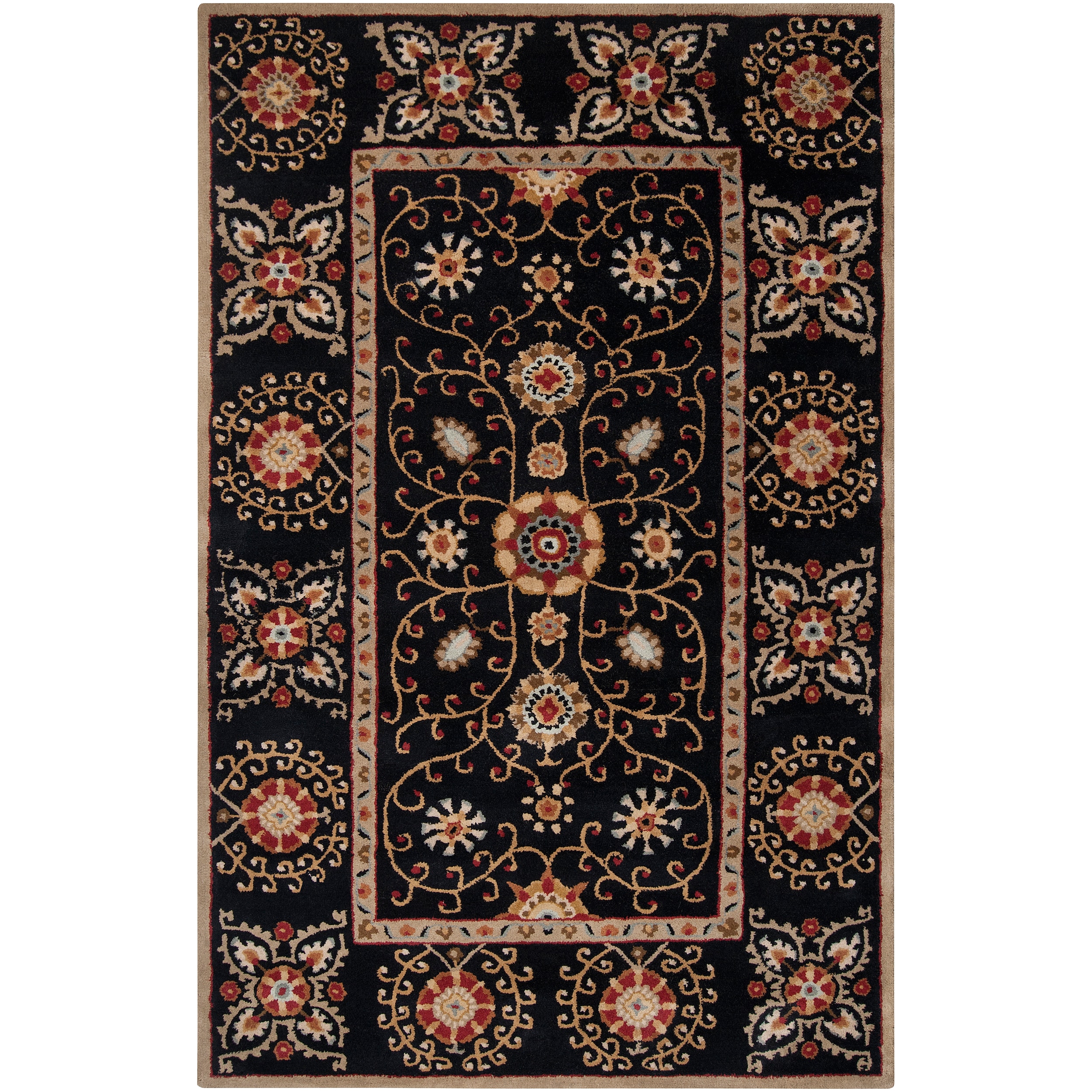 Hand tufted Black Paisley Bordered Lhasa Wool Rug (5 X 8)