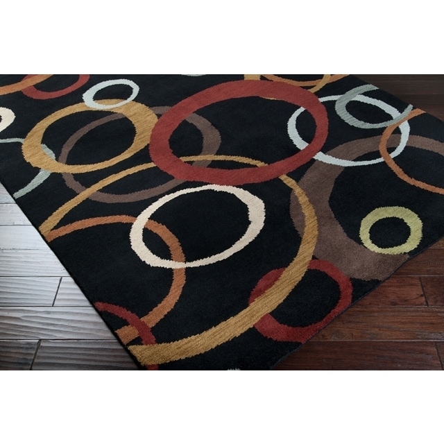 Hand knotted Circles Black Baume Wool Abstract Rug (5 X 8)