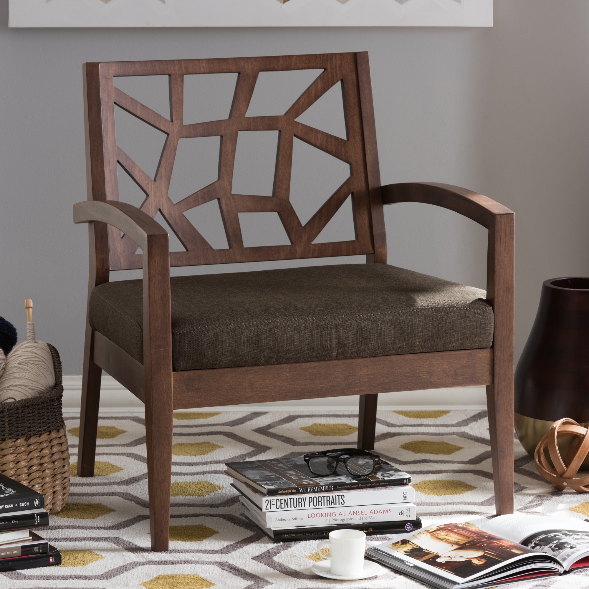 Baxton Studio Jennifer Dark Brown Wood Modern Lounge Chair With Fabric Seat