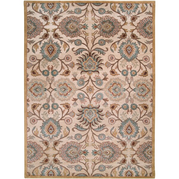 Hand-tufted Beige Floral Agawam Wool Area Rug - 10' x 14'