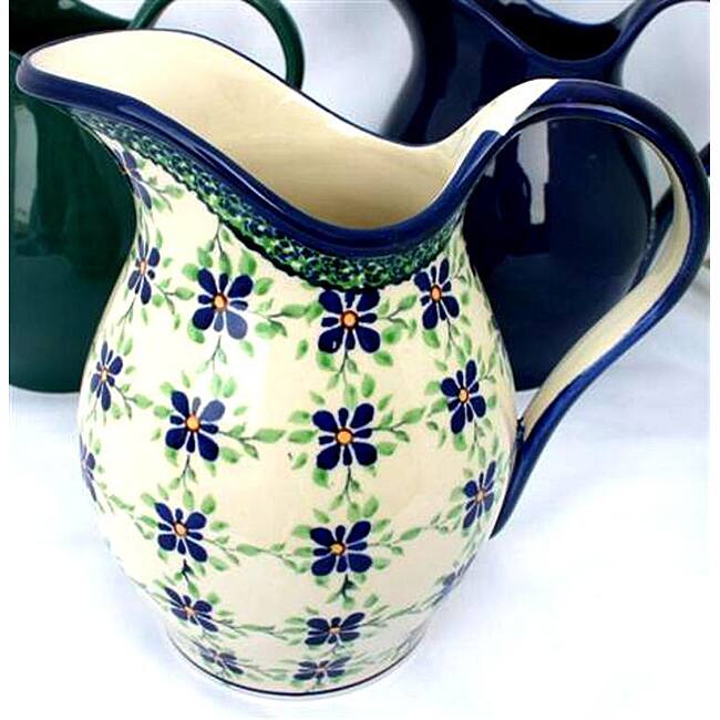Handpainted Two-quart White/Blue Floral Stoneware Pitcher (Poland)