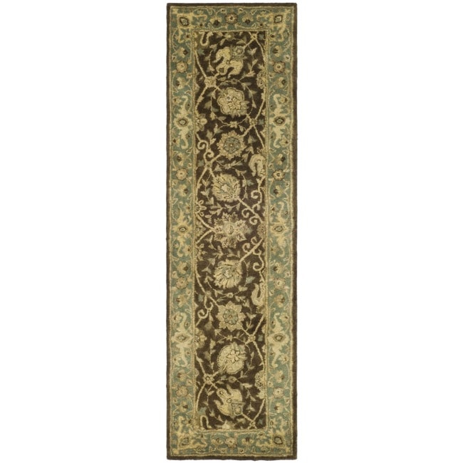 Handmade Mashad Brown/ Green Wool Rug (23 X 12)